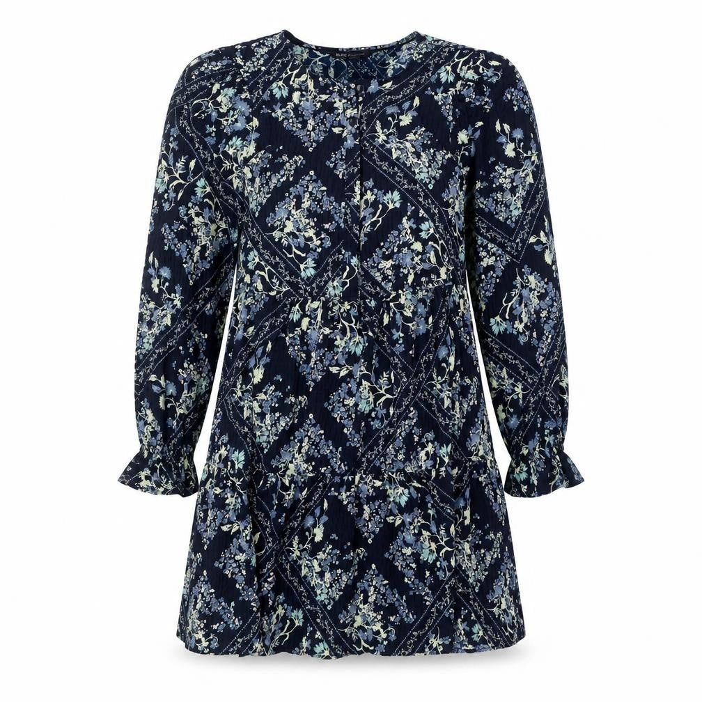 Marks & Spencer Womens Blue Geometric Polyester Shift Size 6 Round Neck Button - Floral Diamond Smock