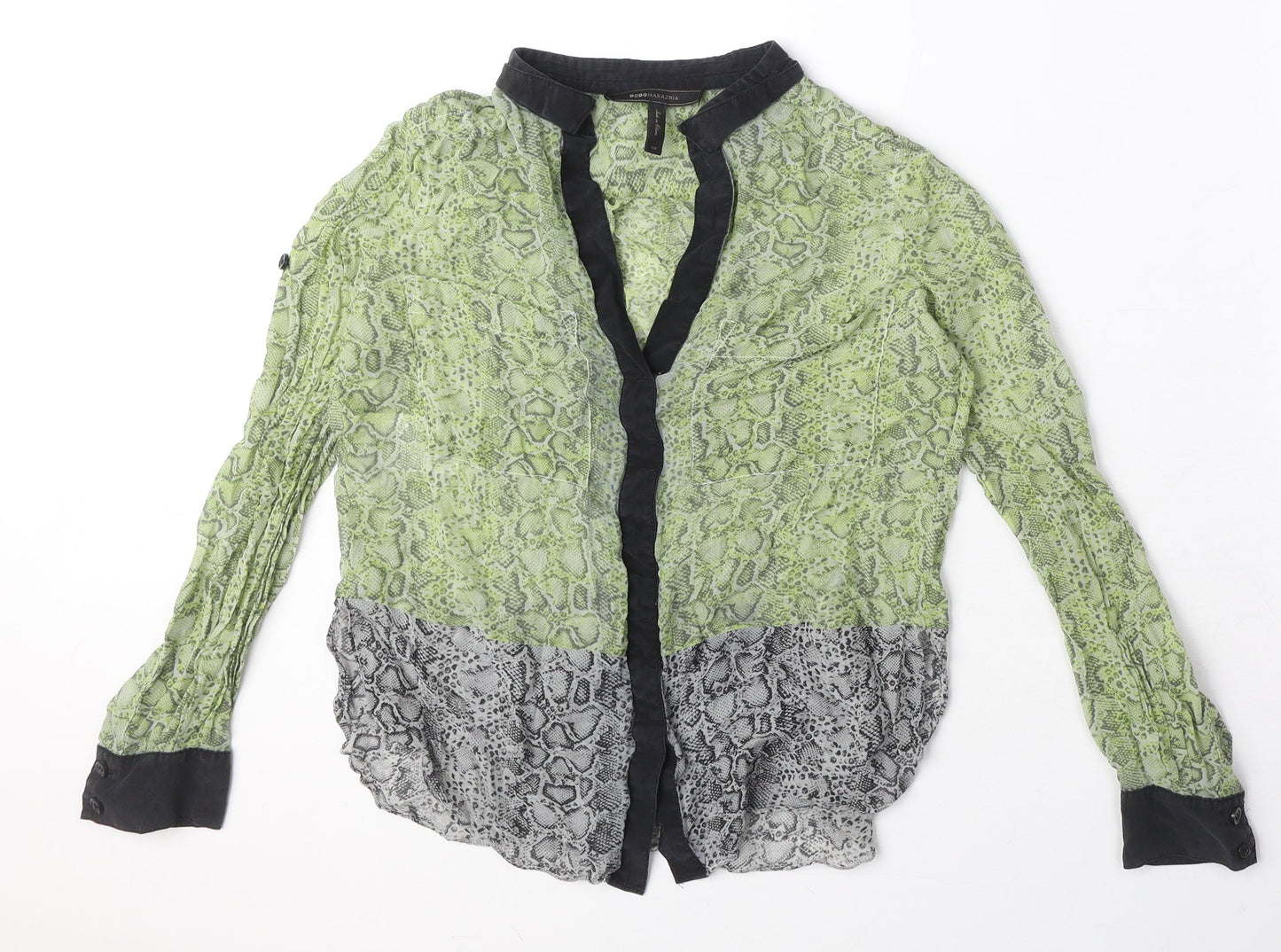 BCBGMAXAZRIA Womens Green Animal Print Silk Basic Blouse Size XS V-Neck - Snake Skin Print