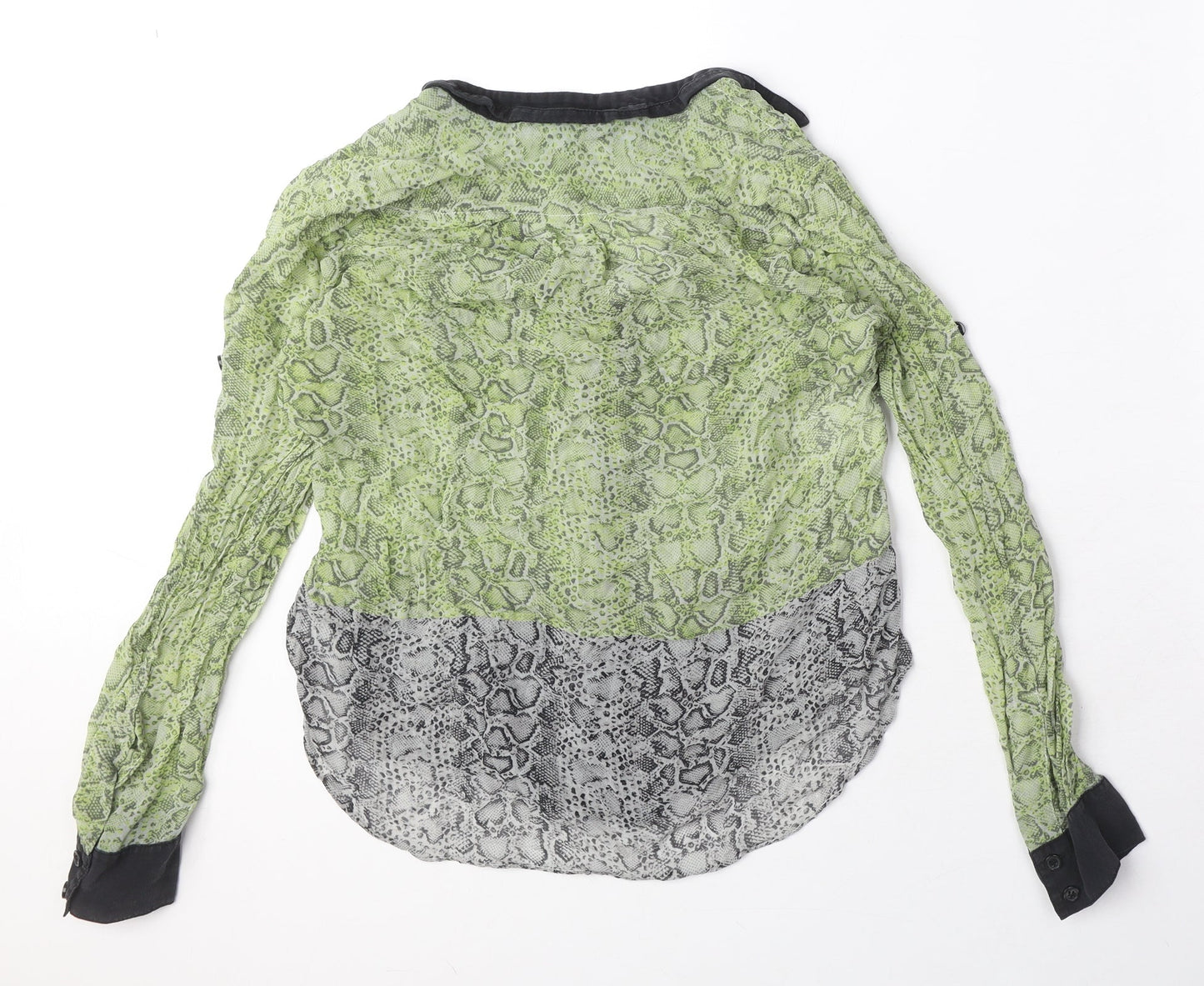 BCBGMAXAZRIA Womens Green Animal Print Silk Basic Blouse Size XS V-Neck - Snake Skin Print