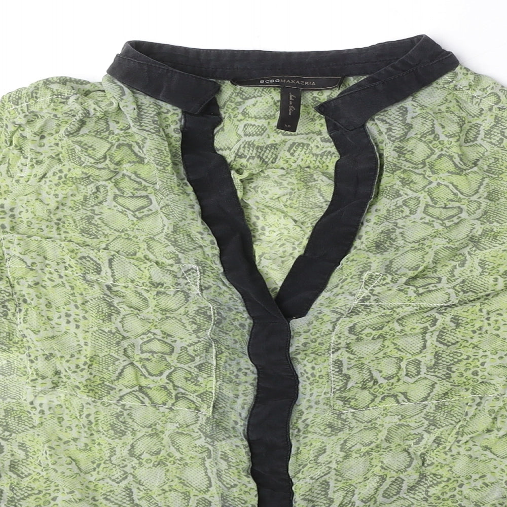BCBGMAXAZRIA Womens Green Animal Print Silk Basic Blouse Size XS V-Neck - Snake Skin Print