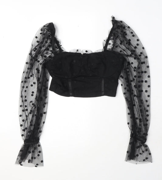 New Look Womens Black Polka Dot Polyester Cropped Blouse Size 6 Square Neck