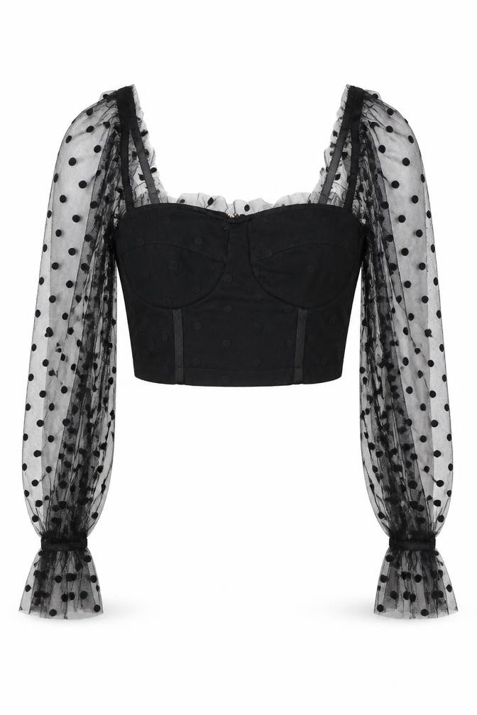 New Look Womens Black Polka Dot Polyester Cropped Blouse Size 6 Square Neck