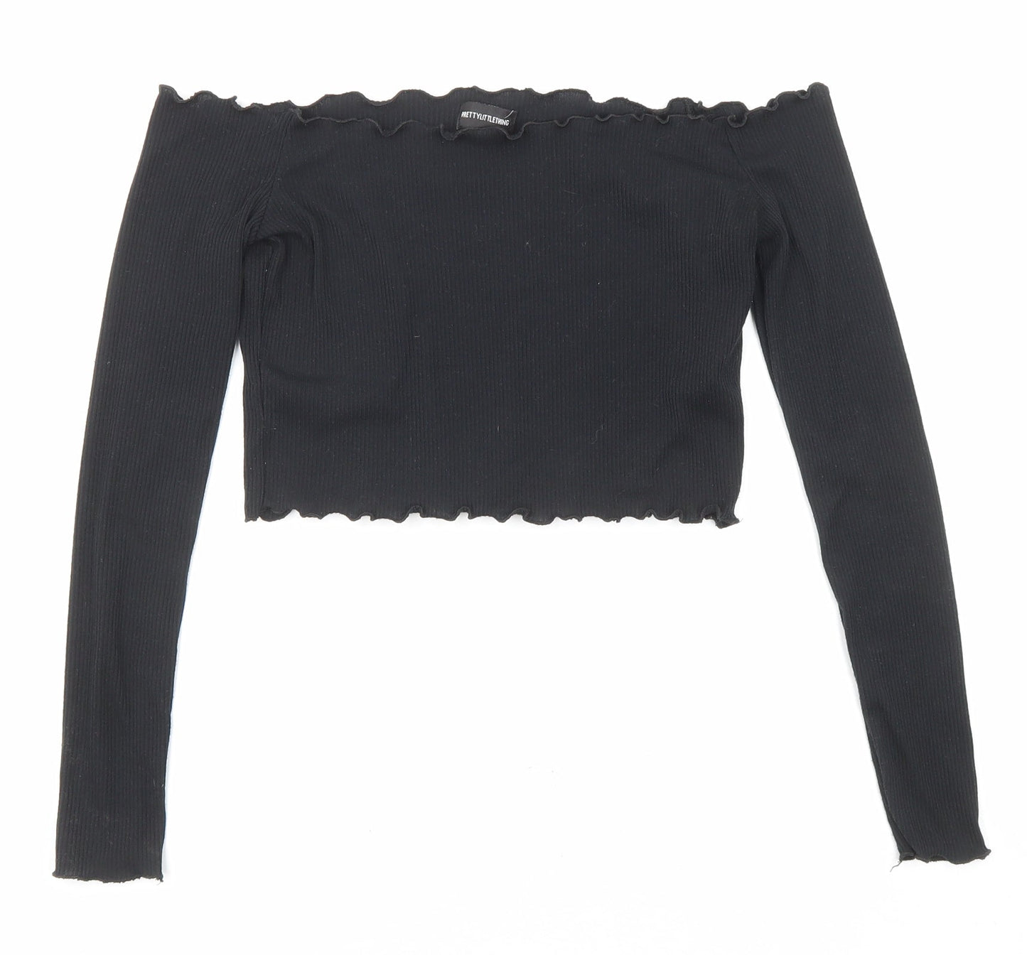 PRETTYLITTLETHING Womens Black Polyester Cropped Blouse Size 8 Off the Shoulder