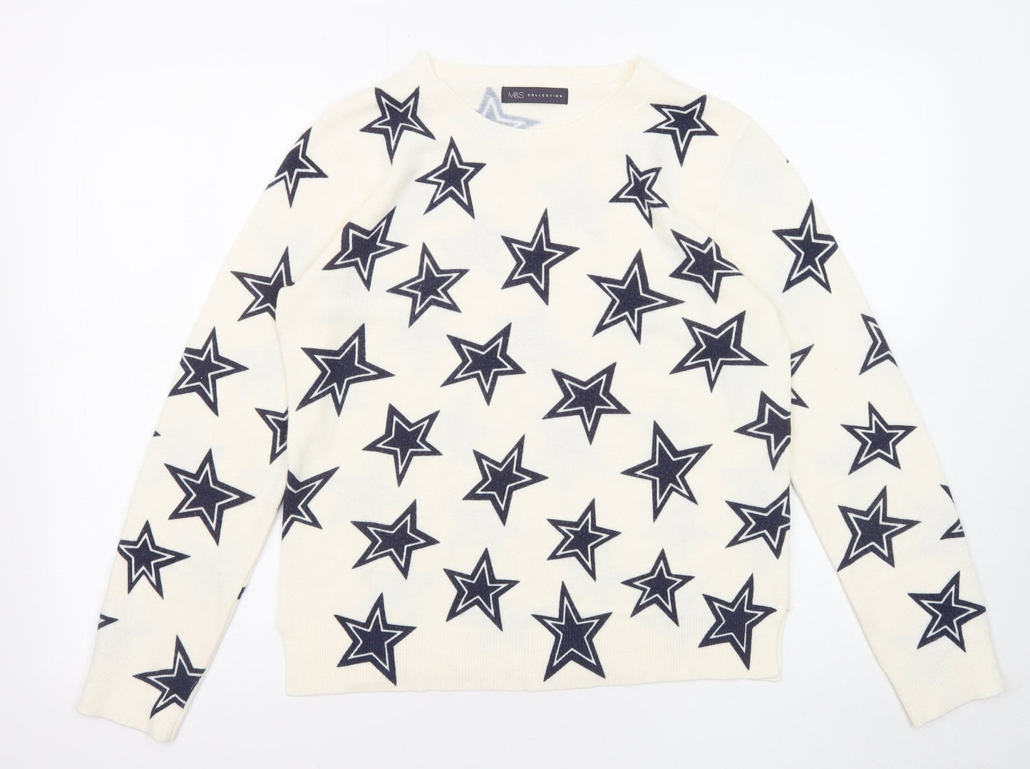 Marks and Spencer Womens Ivory Round Neck Geometric Acrylic Pullover Jumper Size 12 - Star Pattern