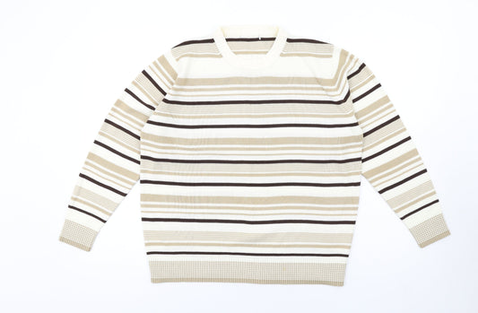 Berkertex Womens Beige Crew Neck Striped Acrylic Pullover Jumper Size 14