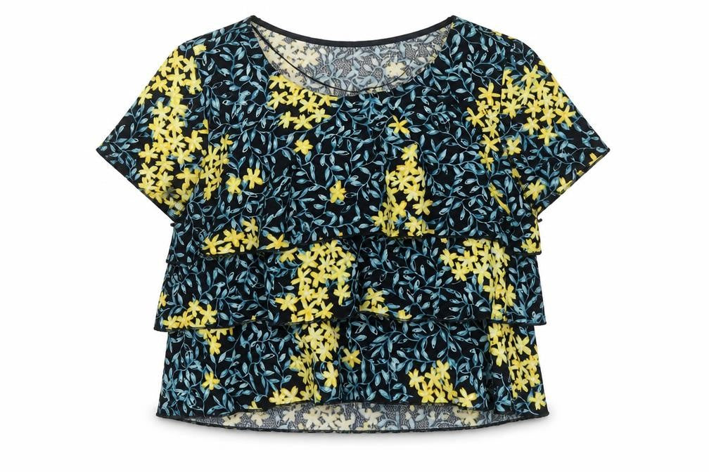 Zara Womens Multicoloured Floral Polyester Basic T-Shirt Size S Round Neck - Frill