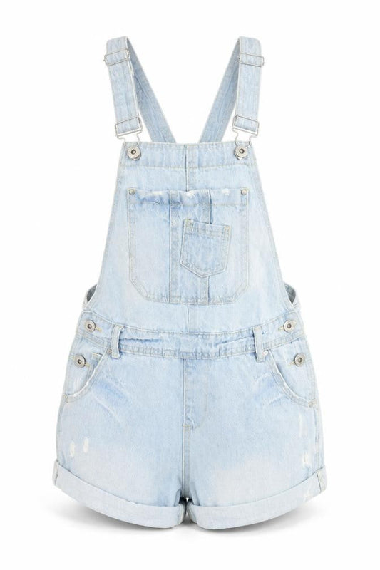 Front view of Denim & Co. women’s blue 100% cotton dungaree one-piece, size UK 6, buckle