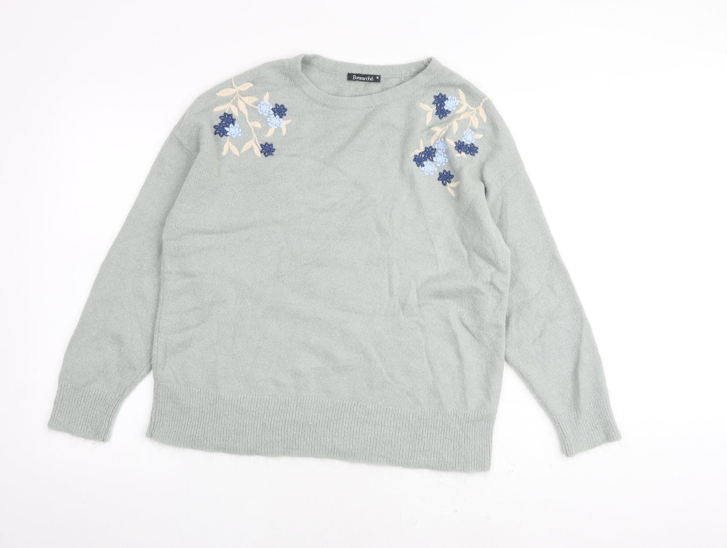 Bonmarché Womens Green Round Neck Acrylic Pullover Jumper Size 16 - Embroidered