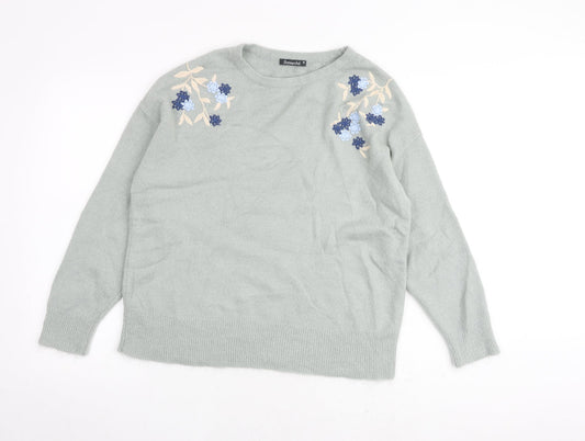 Bonmarché Womens Green Round Neck Acrylic Pullover Jumper Size 16 - Embroidered