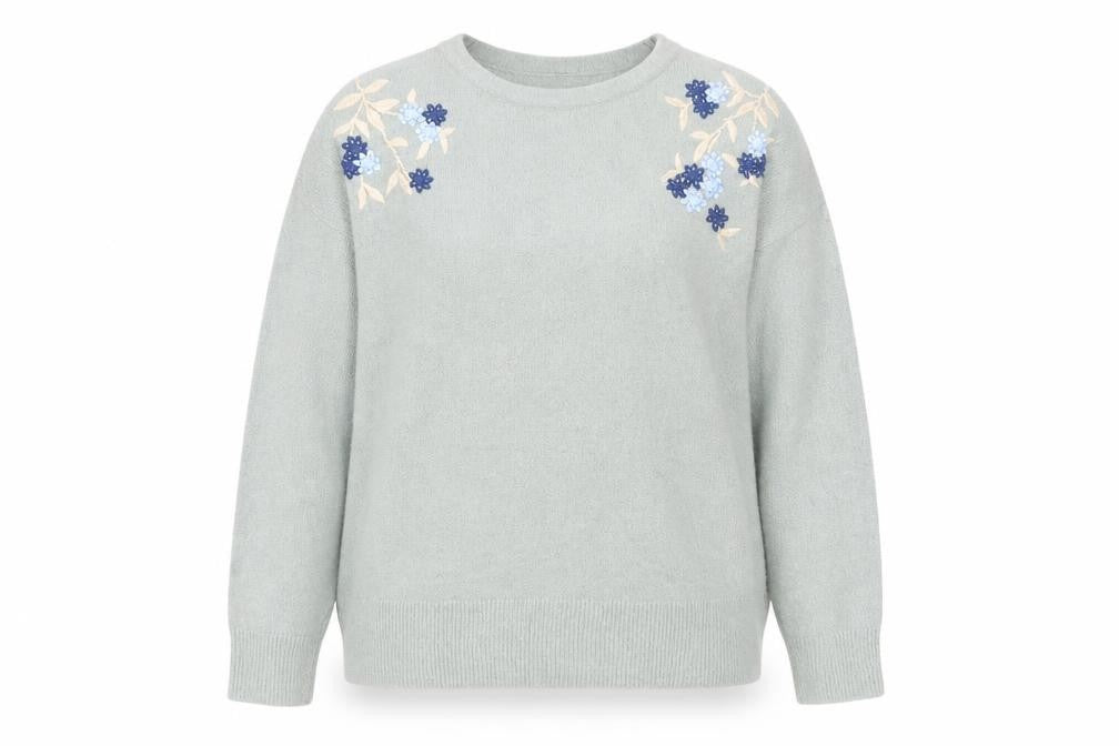 Bonmarché Womens Green Round Neck Acrylic Pullover Jumper Size 16 - Embroidered