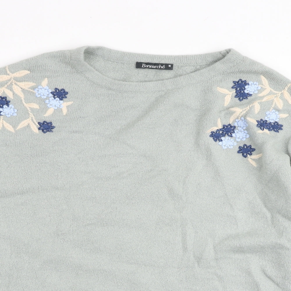 Bonmarché Womens Green Round Neck Acrylic Pullover Jumper Size 16 - Embroidered