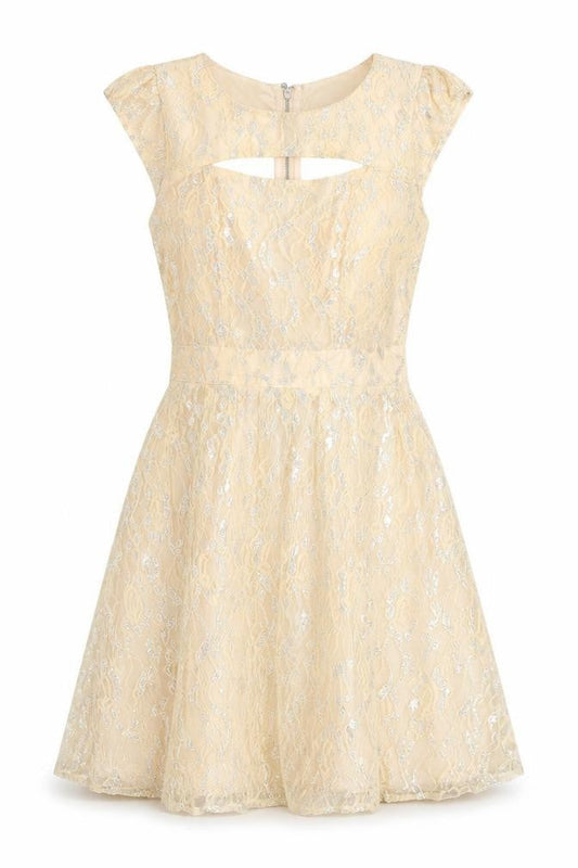 Front view of Miss Selfridge women’s ivory geometric polyamide a-line, size UK 4, round neck zip - keyhole neck