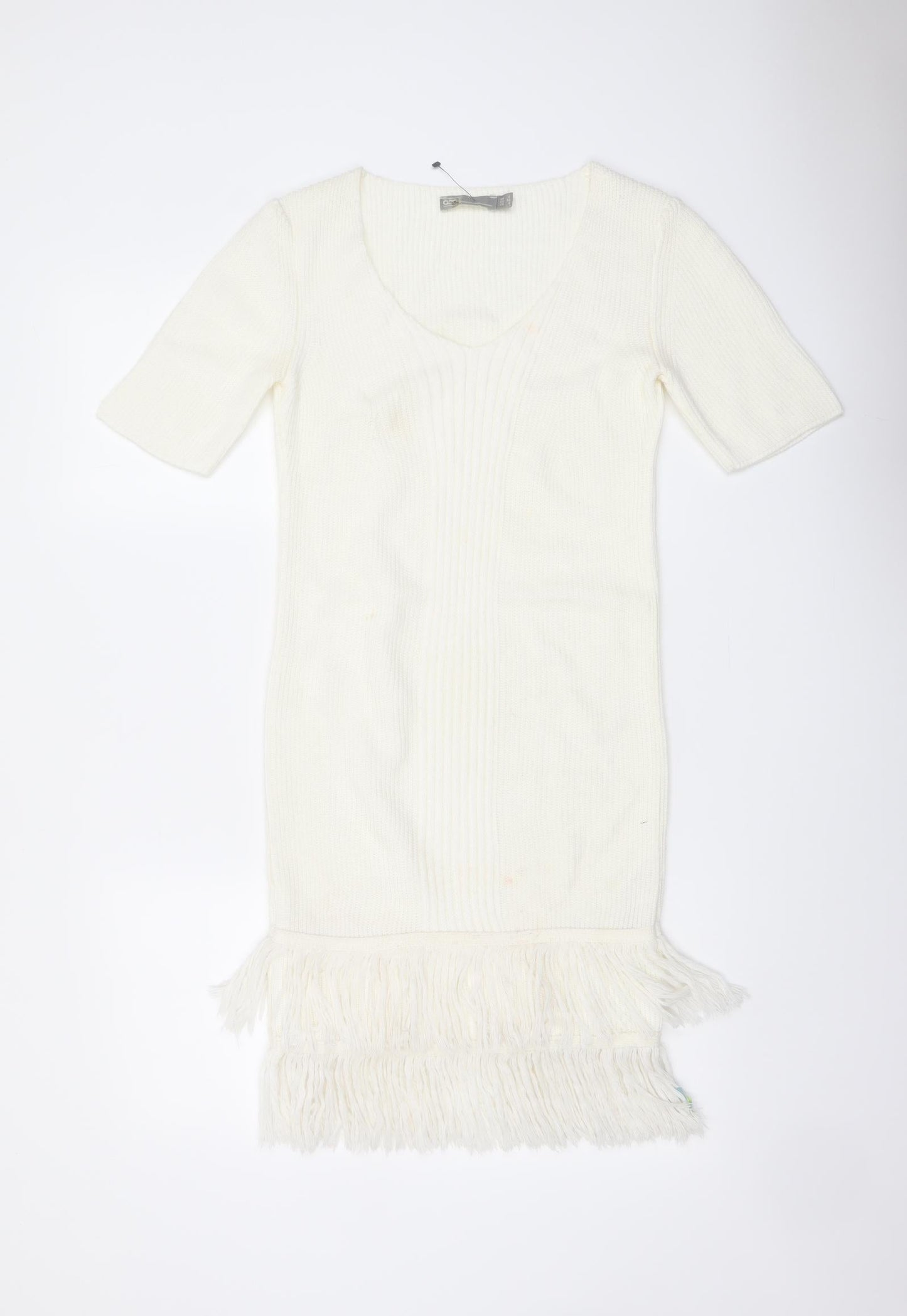 ASOS Womens Ivory Acrylic Bodycon Size 6 V-Neck Pullover - Tassel Hem