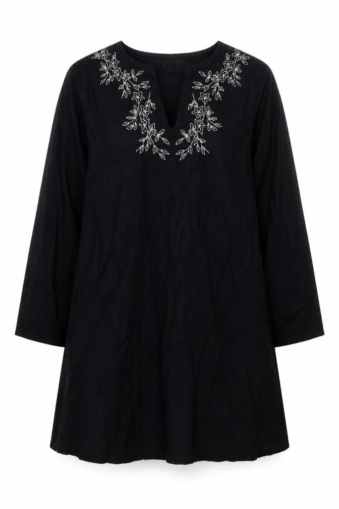 Per Una Womens Black Cotton A-Line Size L V-Neck Pullover - Embroidered Flowers