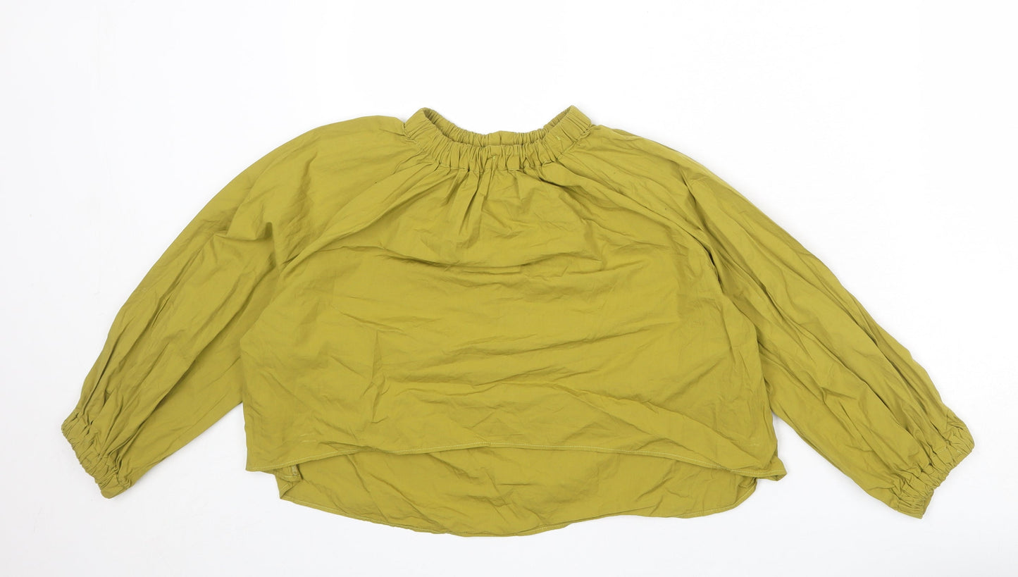 Zara Womens Green Cotton Cropped Blouse Size XS Mock Neck - Rouched Collar and Cuffs
