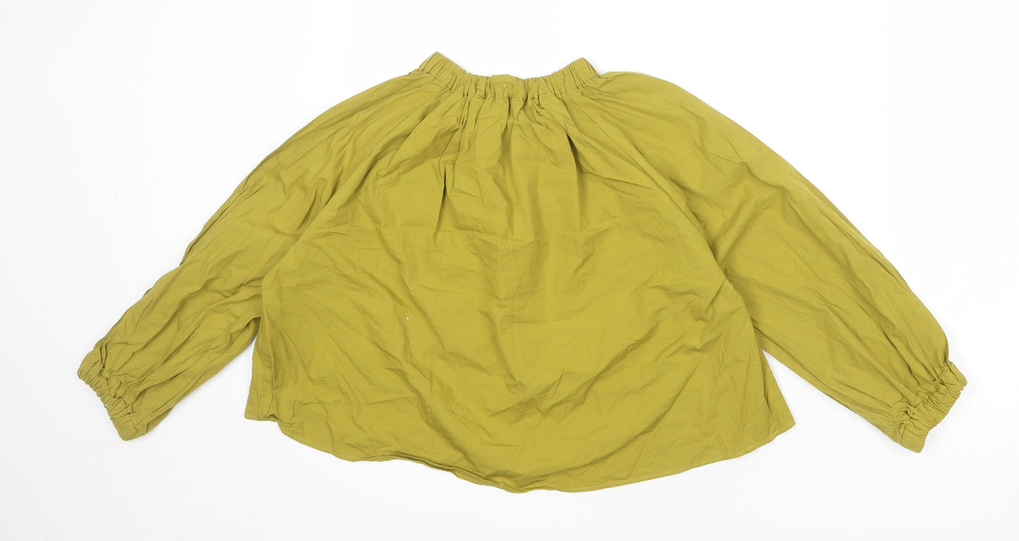 Zara Womens Green Cotton Cropped Blouse Size XS Mock Neck - Rouched Collar and Cuffs