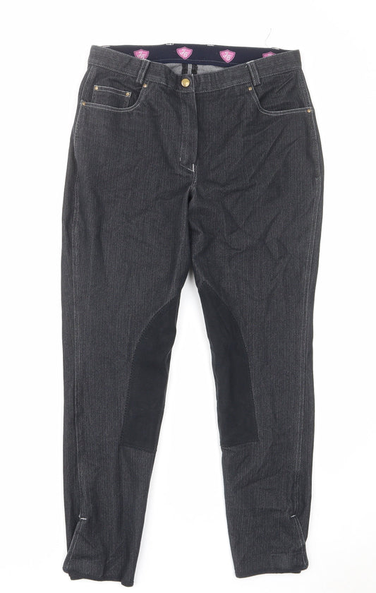 Equestrian Womens Black Cotton Trousers Size 12 L28 in Regular Zip - Crown Pocket Equestrian