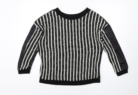 Zara Womens Black Boat Neck Striped Acrylic Pullover Jumper Size S