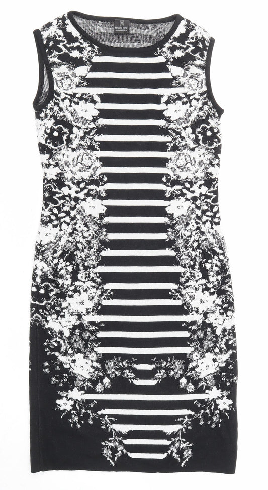 Madeleine Womens Black Geometric Cotton Shift Size 8 Round Neck Pullover