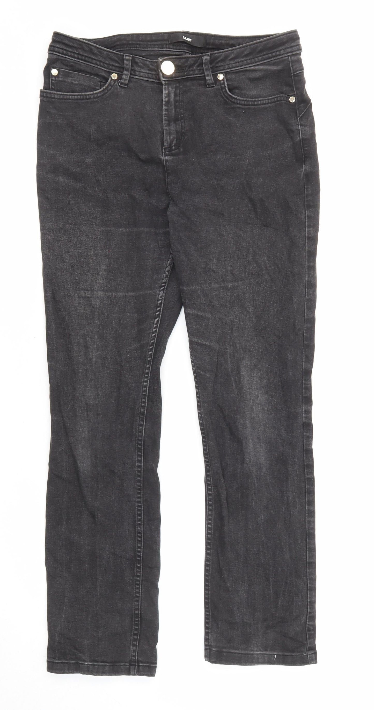 Marks and Spencer Womens Black Cotton Straight Jeans Size 12 L27 in Slim Zip