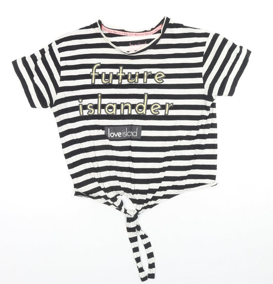 Love Island Womens Black Striped Cotton Basic T-Shirt Size 10 Round Neck - Future Islander