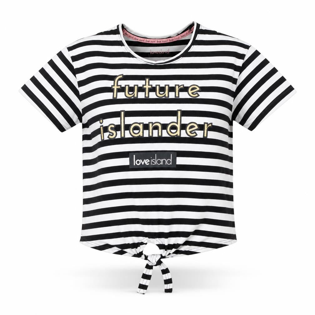 Love Island Womens Black Striped Cotton Basic T-Shirt Size 10 Round Neck - Future Islander