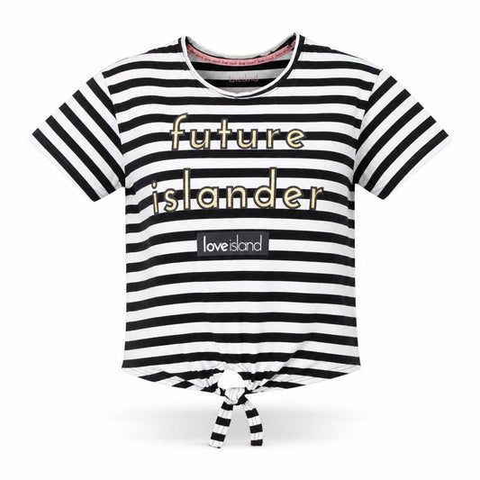 Love Island Womens Black Striped Cotton Basic T-Shirt Size 10 Round Neck - Future Islander