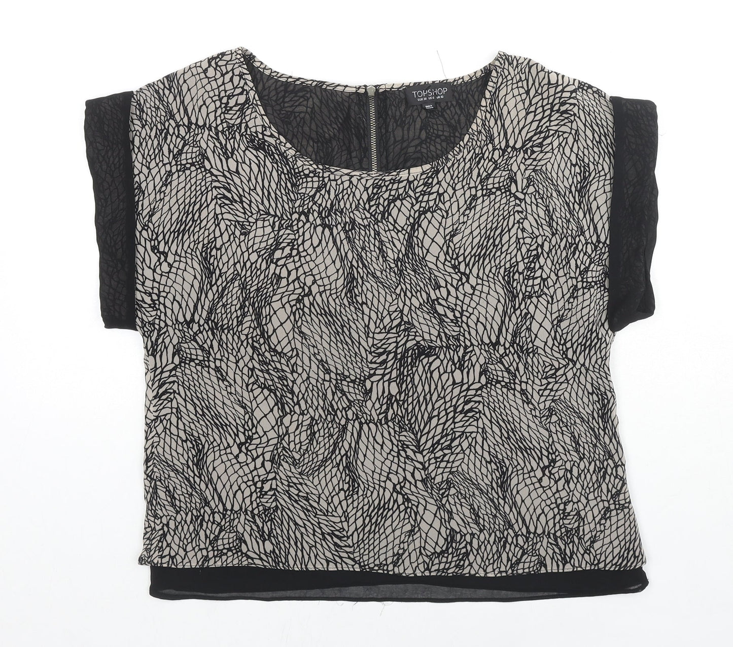 Topshop Womens Black Geometric Polyester Basic T-Shirt Size 10 Round Neck