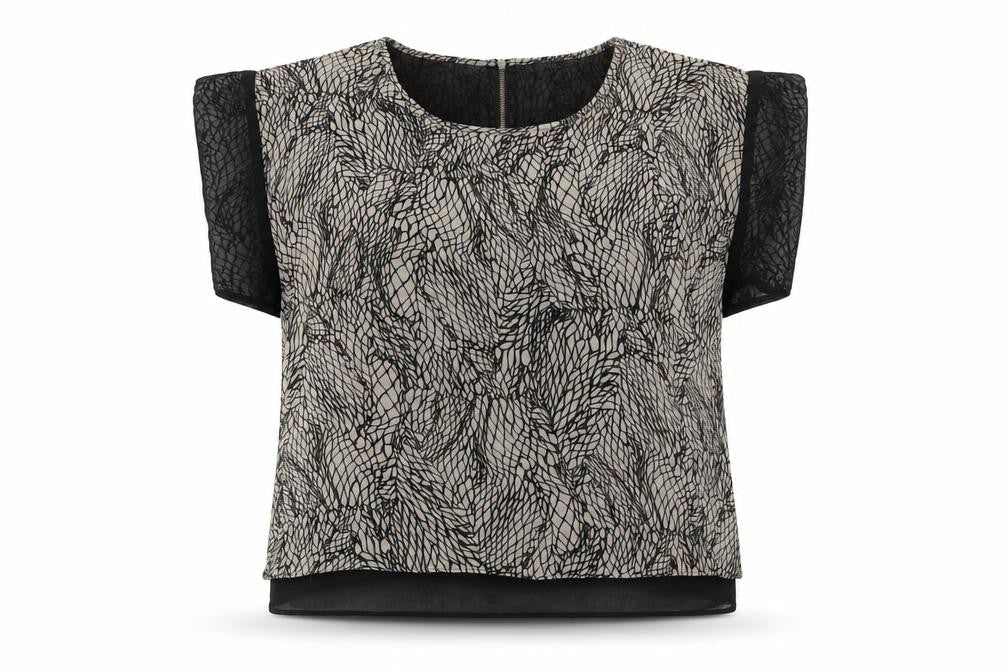 Topshop Womens Black Geometric Polyester Basic T-Shirt Size 10 Round Neck
