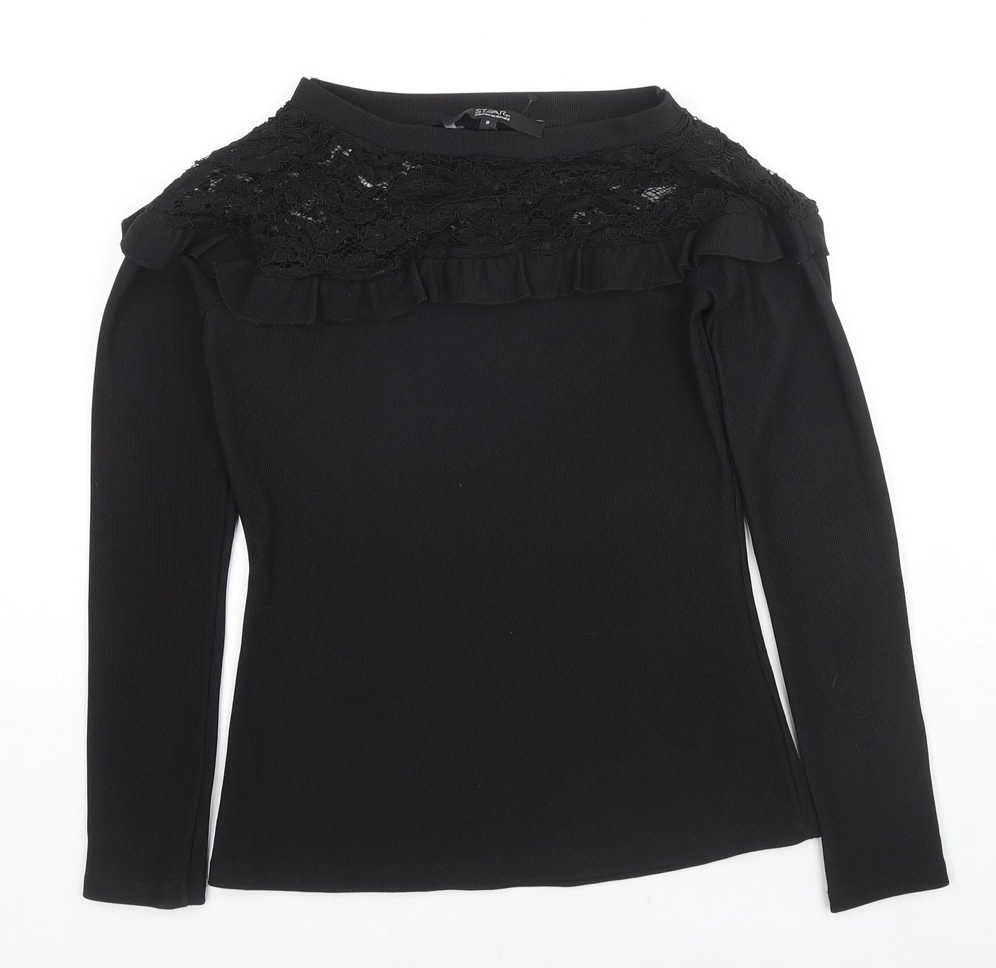 Debenhams Womens Black Polyester Jersey Blouse Size 8 Round Neck - Lace detail