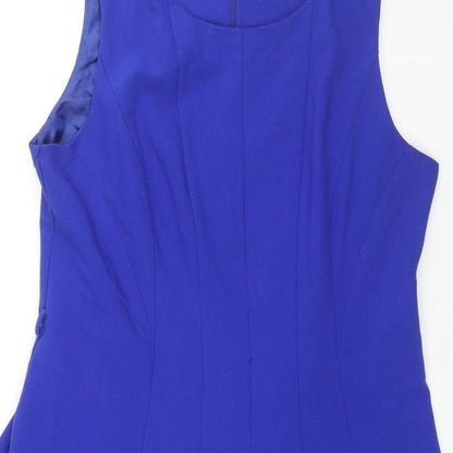 Close-up detail of Principles women’s blue polyester a-line, size UK 12, round neck zip