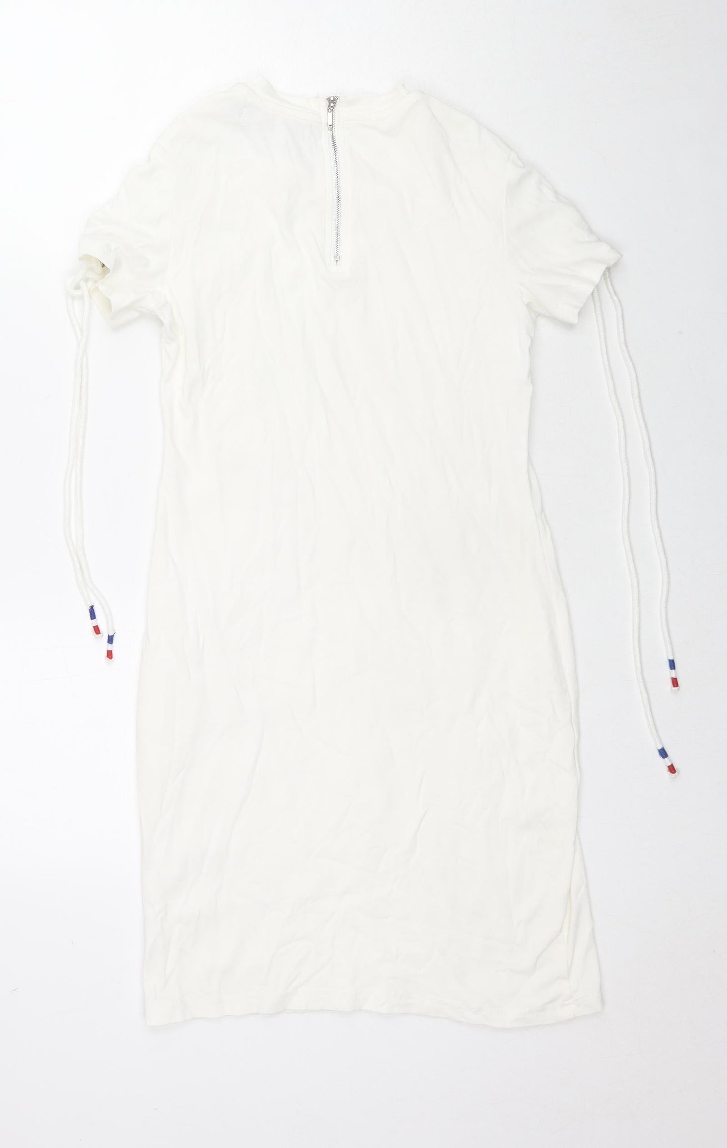 QED London Womens White Cotton Bodycon Size S Round Neck Zip - Tie Detail Sleeves