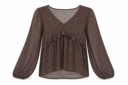 Front view of ASOS women’s brown animal print polyester basic blouse, size UK 10, v-neck