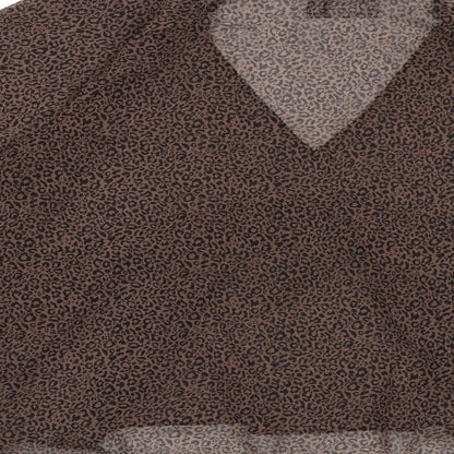 Brand and care label for ASOS women’s brown animal print polyester basic blouse, size UK 10, v-neck