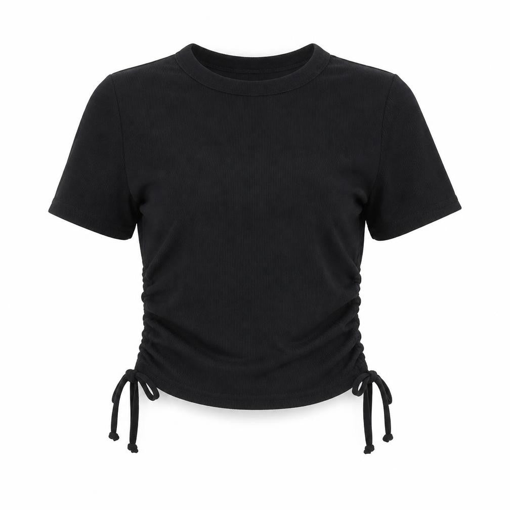 Boohoo Womens Black Polyester Basic T-Shirt Size 6 Round Neck - Ruched Sides