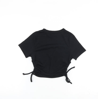 Boohoo Womens Black Polyester Basic T-Shirt Size 6 Round Neck - Ruched Sides