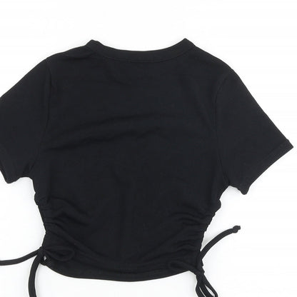 Boohoo Womens Black Polyester Basic T-Shirt Size 6 Round Neck - Ruched Sides