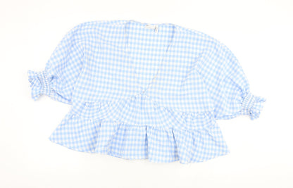 Additional front view of ASOS women’s blue check polyester basic blouse, size UK 10, v-neck