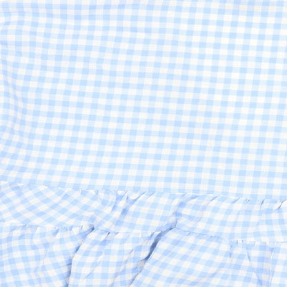 Brand and care label for ASOS women’s blue check polyester basic blouse, size UK 10, v-neck
