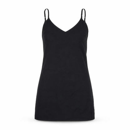 Front view of ASOS women’s black polyester tank dress, size UK 10, scoop neck pullover