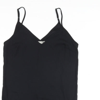 Close-up detail of ASOS women’s black polyester tank dress, size UK 10, scoop neck pullover