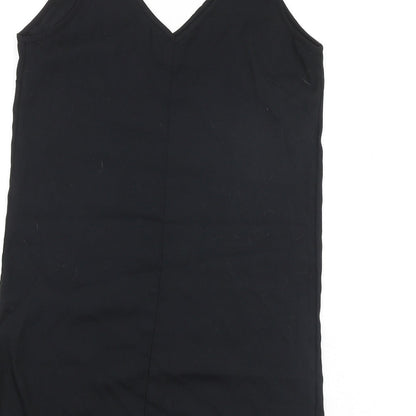 Brand and care label for ASOS women’s black polyester tank dress, size UK 10, scoop neck pullover