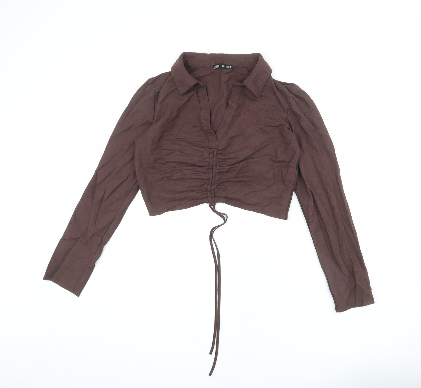Zara Womens Brown Viscose Cropped T-Shirt Size M Collared - Ruched