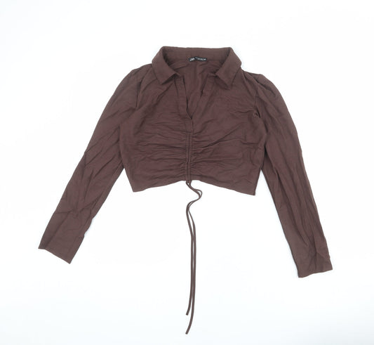 Zara Womens Brown Viscose Cropped T-Shirt Size M Collared - Ruched