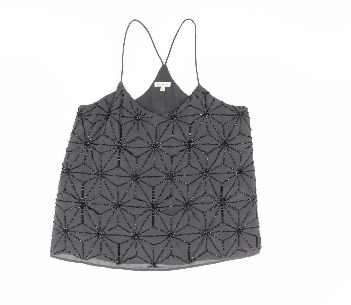 River Island Womens Grey Geometric Polyester Camisole Tank Size 8 V-Neck - Beaded Detail