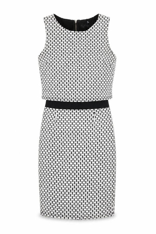 Miss Selfridge Womens White Geometric Cotton Bodycon Size 6 Round Neck Zip - Layered