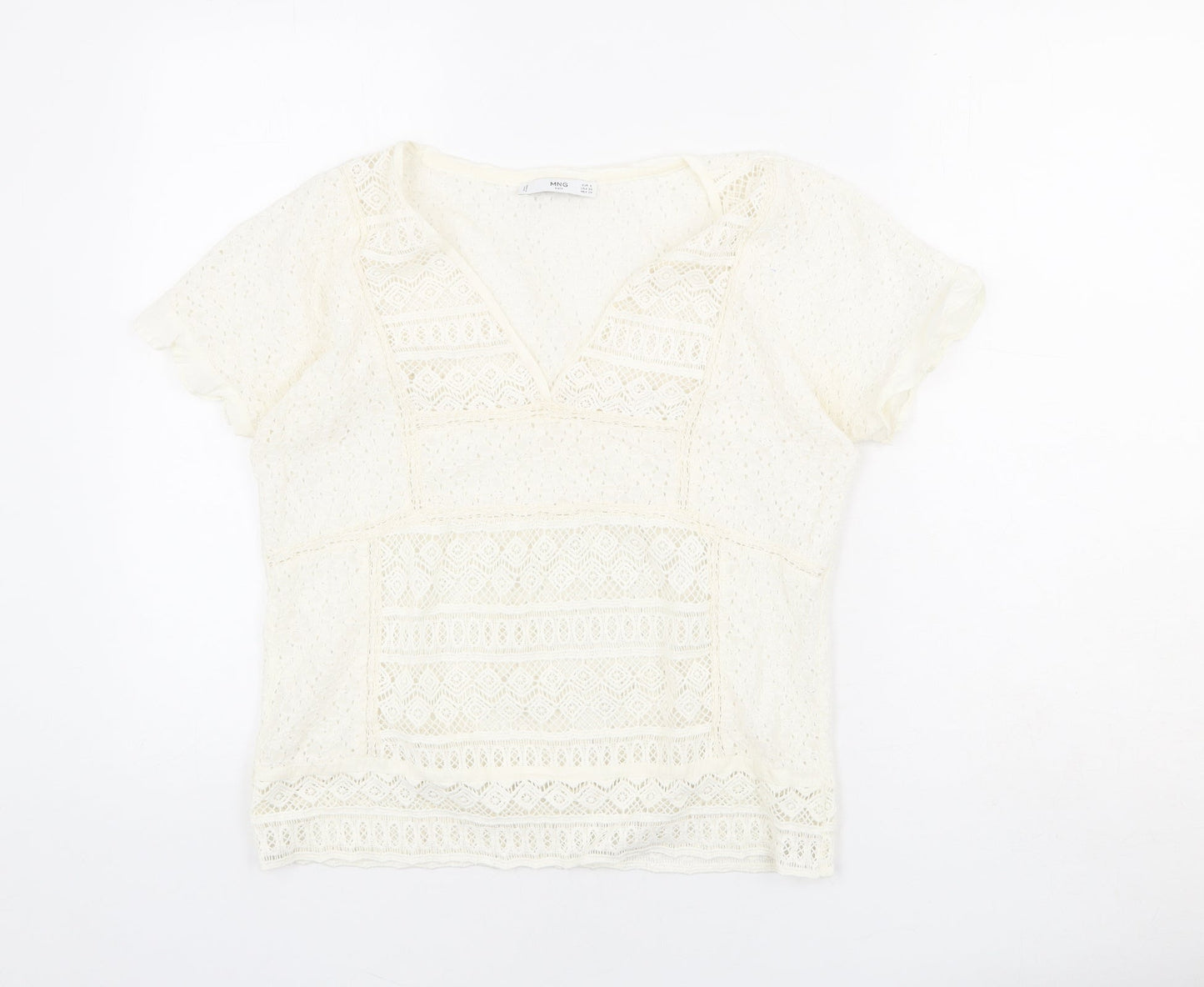 Mango Womens Ivory Geometric Polyester Basic T-Shirt Size S V-Neck