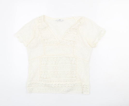 Mango Womens Ivory Geometric Polyester Basic T-Shirt Size S V-Neck