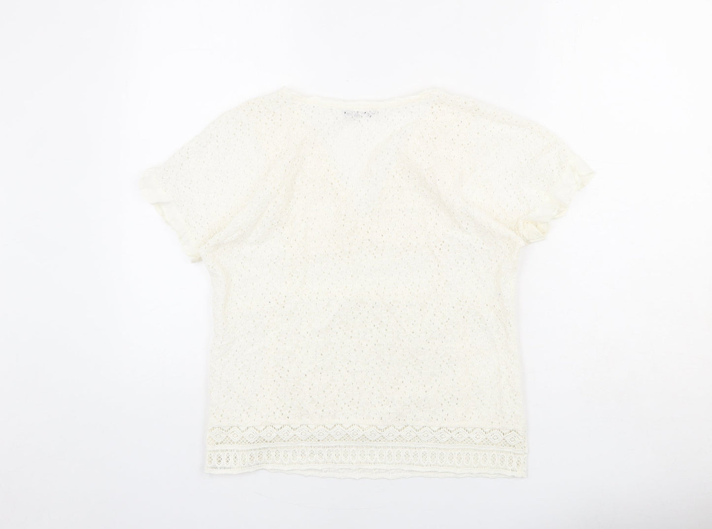 Mango Womens Ivory Geometric Polyester Basic T-Shirt Size S V-Neck