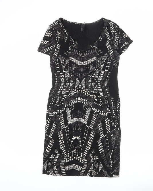 H&M Womens Black Geometric Polyester Bodycon Size M Round Neck Pullover